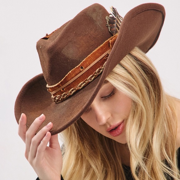 Accessories - Brown Vintage Inspired Distressed Fabric Band Rustic Western Fedora Hat